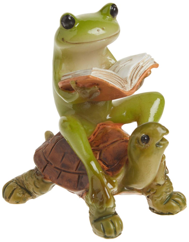 Top Collection Miniature Fairy Garden & Terrarium Frog Reading Book on Turtle Statue, Small, Green, Orange - Image 1